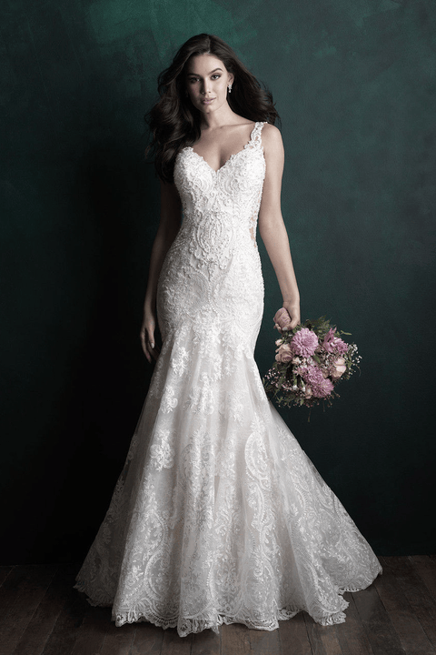 indoor photo of woman wearing white allure couture designer wedding dress