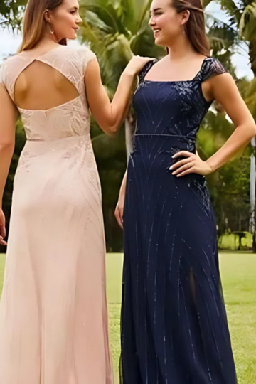 outdoor photo of women wearing pink and blue designer christina wu dresses
