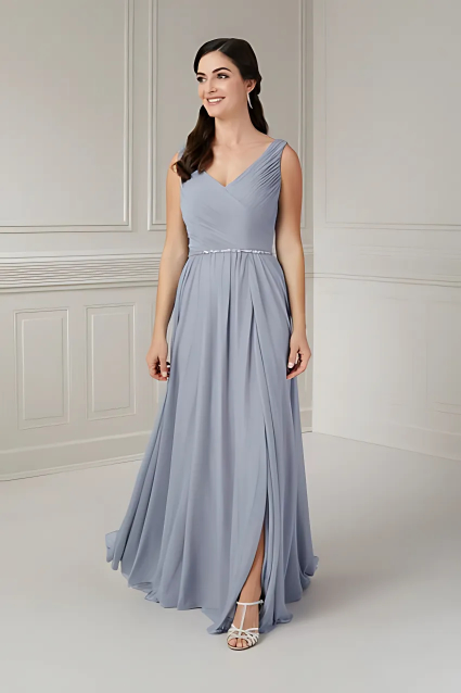 indoor photo of woman wearing light blue christina wu designer dress