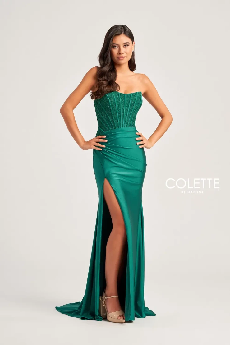 woman wearing green prom and homecoming designer collette by daphne dress